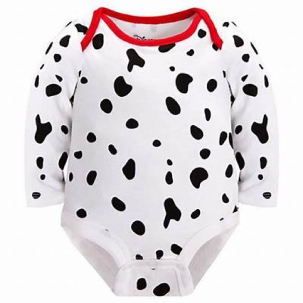 Dalmatian Spot Long-Sleeve Baby One-Piece with Red Trim